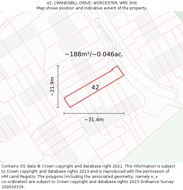 42, CRANESBILL DRIVE, WORCESTER, WR5 3HX: Plot and title map