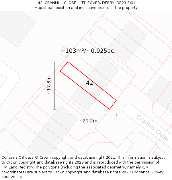 42, CRANHILL CLOSE, LITTLEOVER, DERBY, DE23 3XU: Plot and title map
