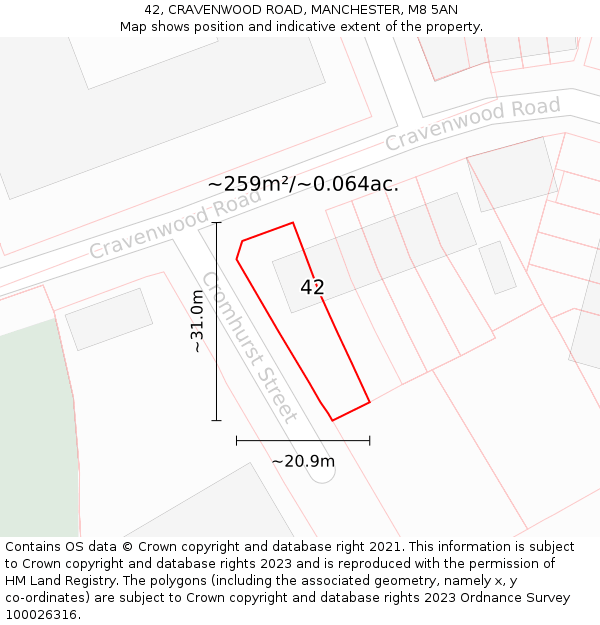 42, CRAVENWOOD ROAD, MANCHESTER, M8 5AN: Plot and title map