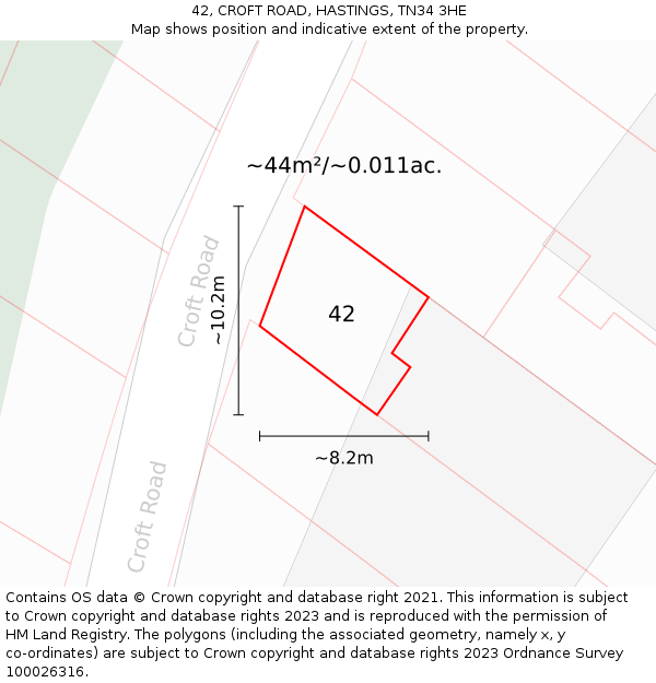 42, CROFT ROAD, HASTINGS, TN34 3HE: Plot and title map