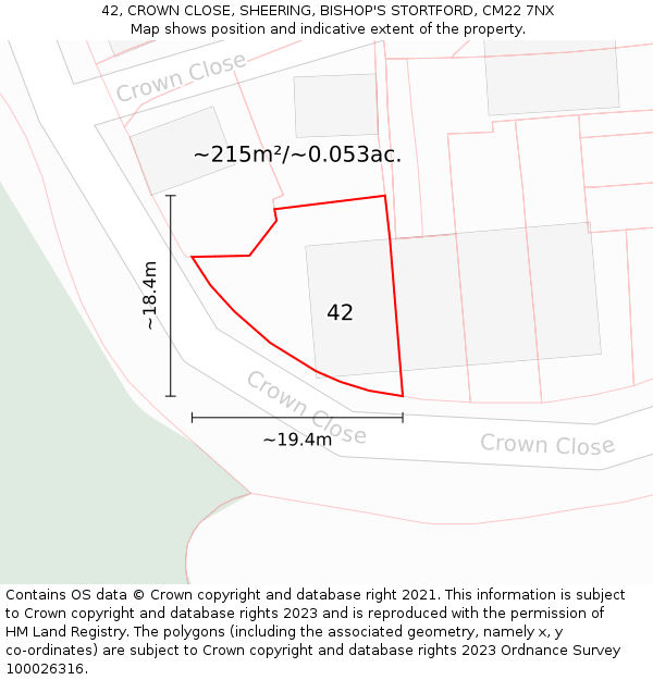 42, CROWN CLOSE, SHEERING, BISHOP'S STORTFORD, CM22 7NX: Plot and title map