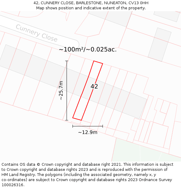 42, CUNNERY CLOSE, BARLESTONE, NUNEATON, CV13 0HH: Plot and title map