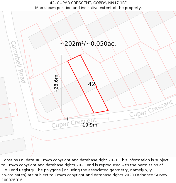 42, CUPAR CRESCENT, CORBY, NN17 1RF: Plot and title map