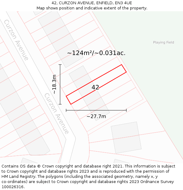 42, CURZON AVENUE, ENFIELD, EN3 4UE: Plot and title map
