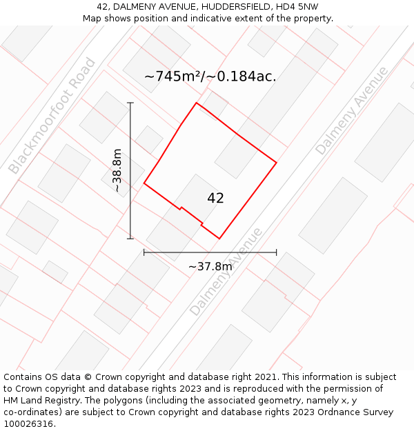42, DALMENY AVENUE, HUDDERSFIELD, HD4 5NW: Plot and title map