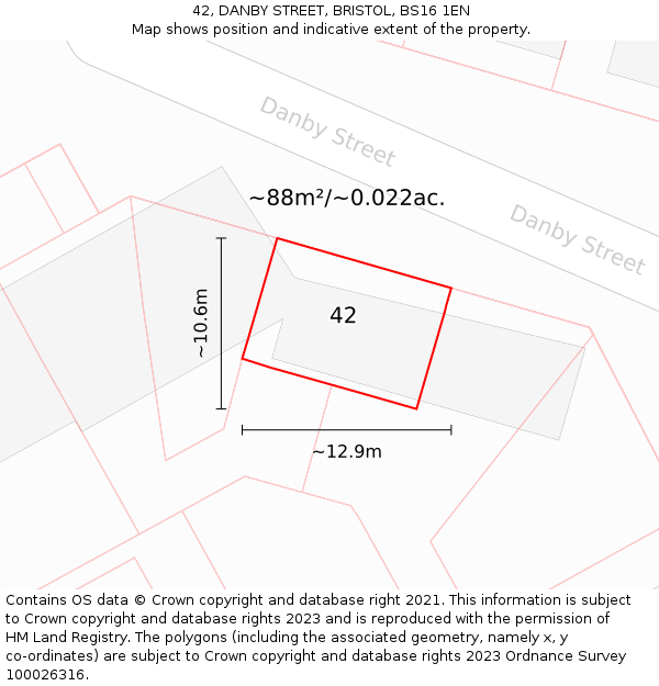 42, DANBY STREET, BRISTOL, BS16 1EN: Plot and title map