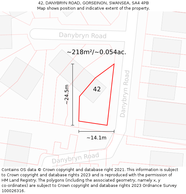 42, DANYBRYN ROAD, GORSEINON, SWANSEA, SA4 4PB: Plot and title map