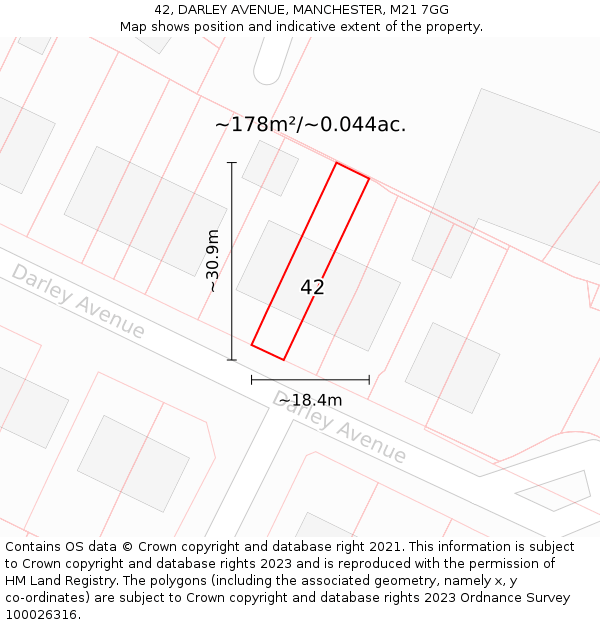 42, DARLEY AVENUE, MANCHESTER, M21 7GG: Plot and title map