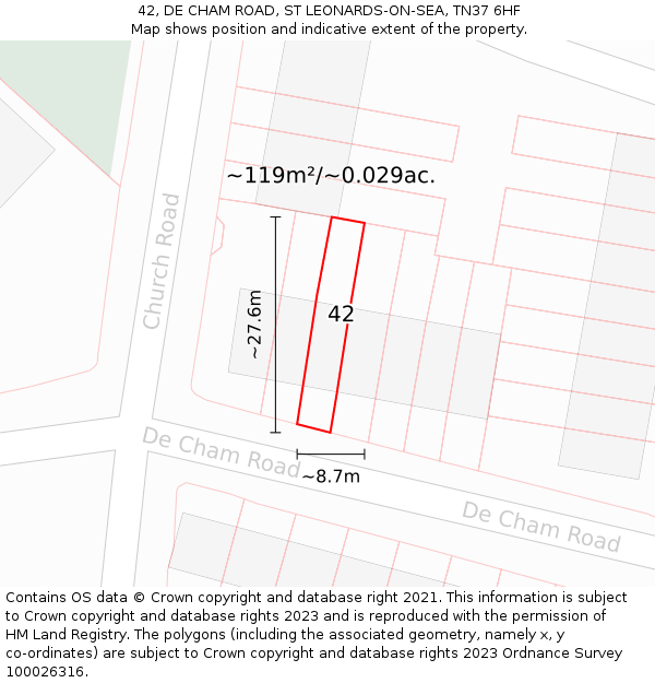 42, DE CHAM ROAD, ST LEONARDS-ON-SEA, TN37 6HF: Plot and title map