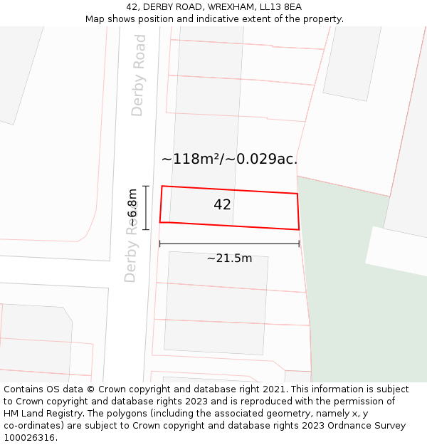 42, DERBY ROAD, WREXHAM, LL13 8EA: Plot and title map