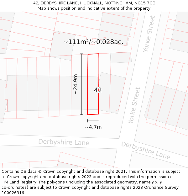 42, DERBYSHIRE LANE, HUCKNALL, NOTTINGHAM, NG15 7GB: Plot and title map