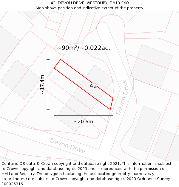 42, DEVON DRIVE, WESTBURY, BA13 3XQ: Plot and title map