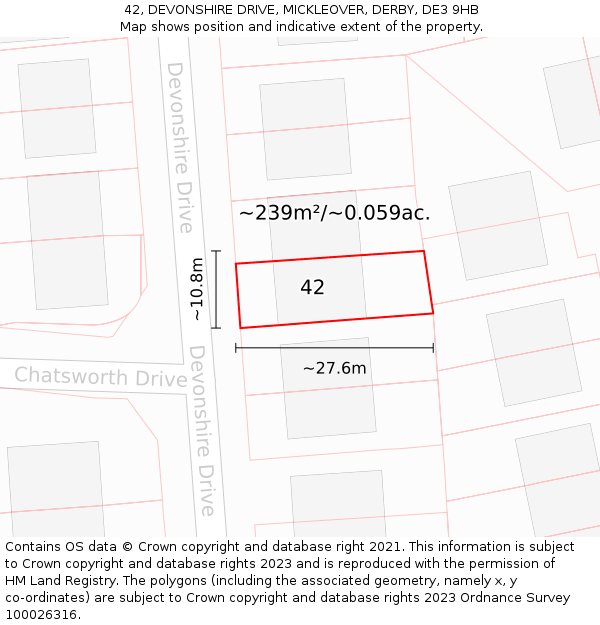 42, DEVONSHIRE DRIVE, MICKLEOVER, DERBY, DE3 9HB: Plot and title map