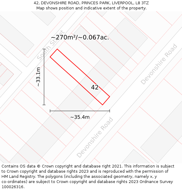 42, DEVONSHIRE ROAD, PRINCES PARK, LIVERPOOL, L8 3TZ: Plot and title map