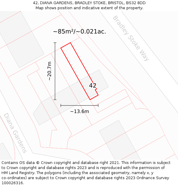 42, DIANA GARDENS, BRADLEY STOKE, BRISTOL, BS32 8DD: Plot and title map