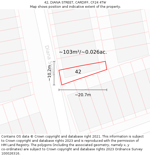 42, DIANA STREET, CARDIFF, CF24 4TW: Plot and title map