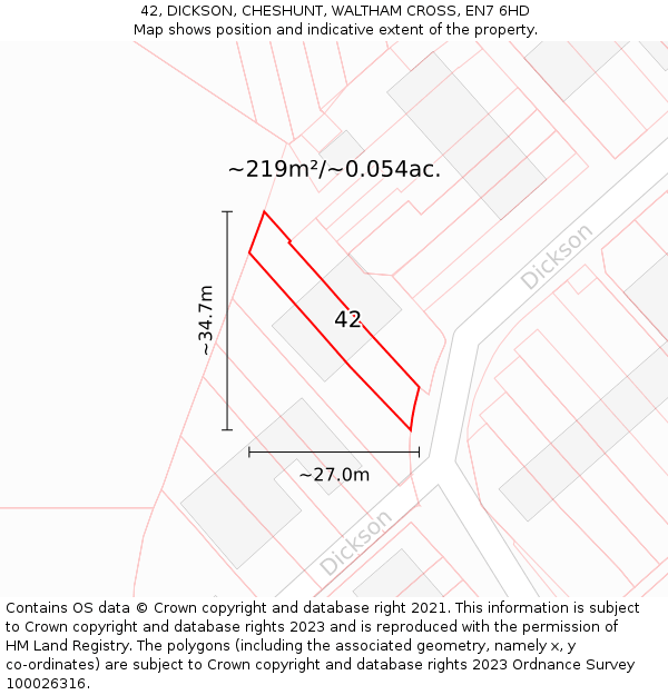 42, DICKSON, CHESHUNT, WALTHAM CROSS, EN7 6HD: Plot and title map