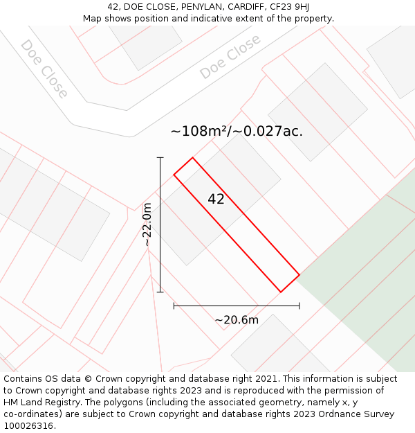 42, DOE CLOSE, PENYLAN, CARDIFF, CF23 9HJ: Plot and title map