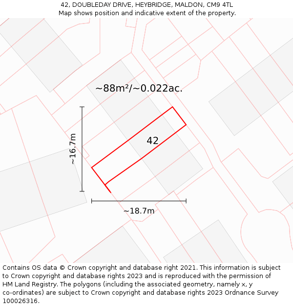42, DOUBLEDAY DRIVE, HEYBRIDGE, MALDON, CM9 4TL: Plot and title map