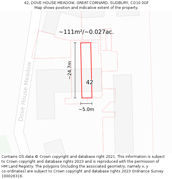 42, DOVE HOUSE MEADOW, GREAT CORNARD, SUDBURY, CO10 0GF: Plot and title map