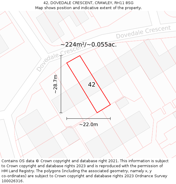 42, DOVEDALE CRESCENT, CRAWLEY, RH11 8SG: Plot and title map