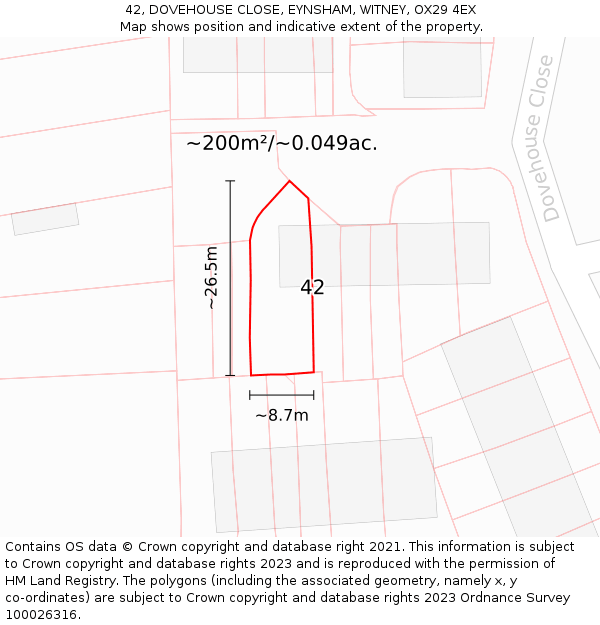 42, DOVEHOUSE CLOSE, EYNSHAM, WITNEY, OX29 4EX: Plot and title map