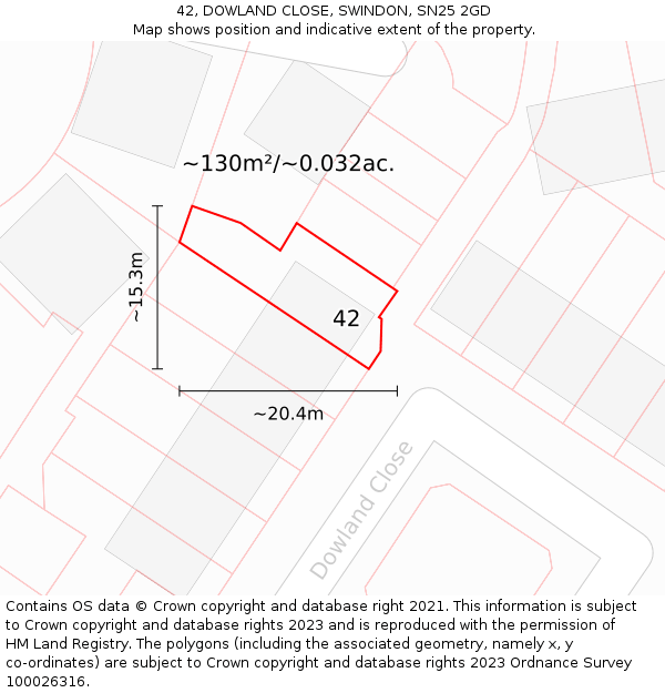 42, DOWLAND CLOSE, SWINDON, SN25 2GD: Plot and title map