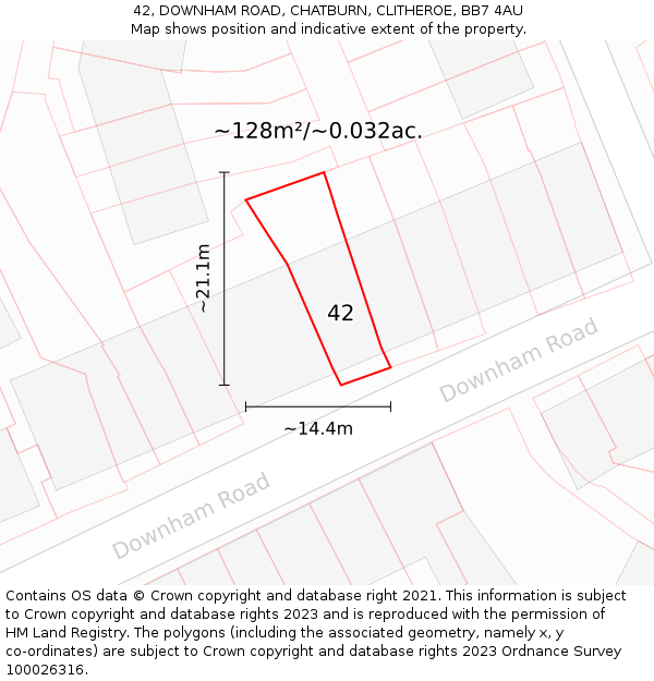 42, DOWNHAM ROAD, CHATBURN, CLITHEROE, BB7 4AU: Plot and title map