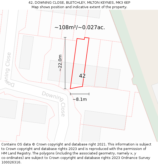 42, DOWNING CLOSE, BLETCHLEY, MILTON KEYNES, MK3 6EP: Plot and title map