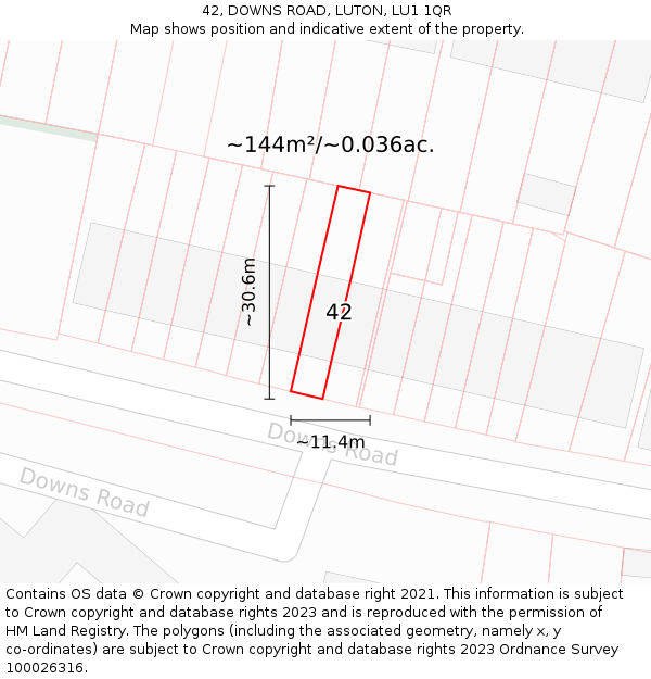 42, DOWNS ROAD, LUTON, LU1 1QR: Plot and title map
