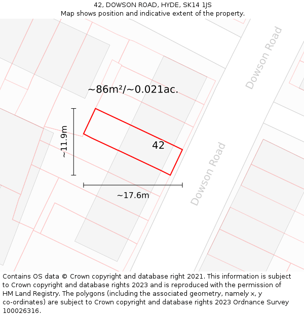 42, DOWSON ROAD, HYDE, SK14 1JS: Plot and title map