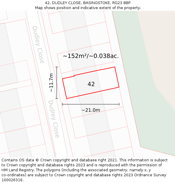 42, DUDLEY CLOSE, BASINGSTOKE, RG23 8BP: Plot and title map
