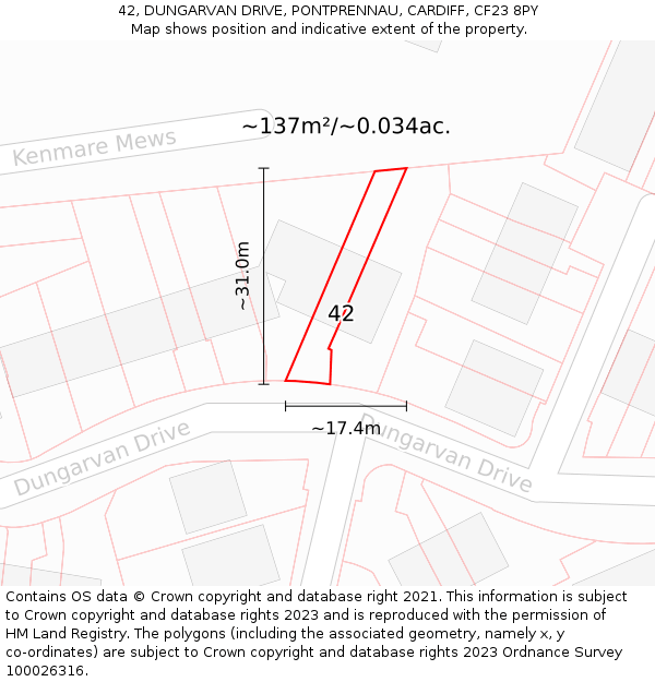 42, DUNGARVAN DRIVE, PONTPRENNAU, CARDIFF, CF23 8PY: Plot and title map