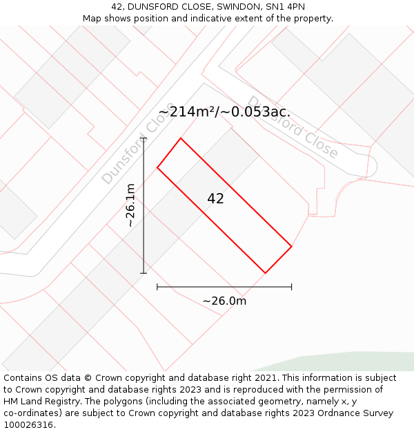 42, DUNSFORD CLOSE, SWINDON, SN1 4PN: Plot and title map