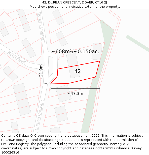 42, DURBAN CRESCENT, DOVER, CT16 2JJ: Plot and title map