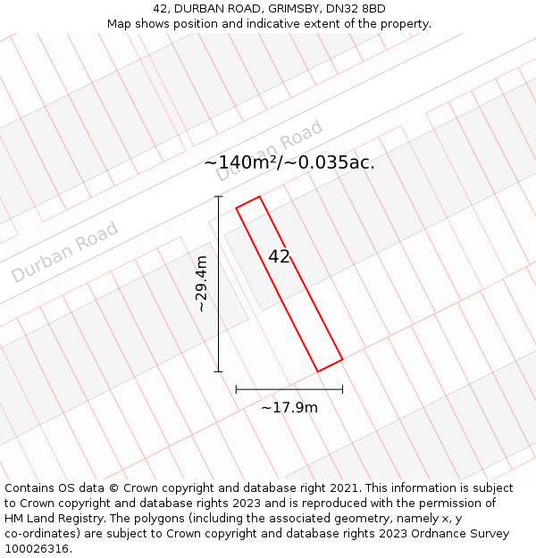 42, DURBAN ROAD, GRIMSBY, DN32 8BD: Plot and title map