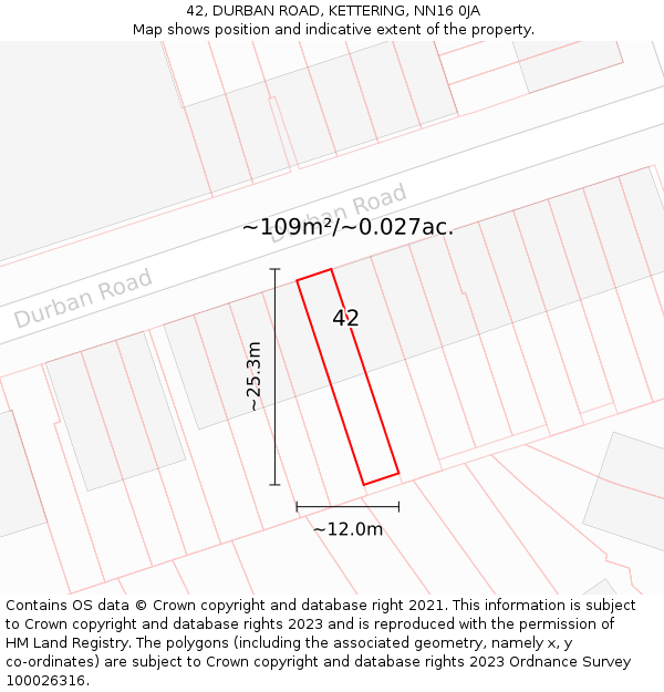 42, DURBAN ROAD, KETTERING, NN16 0JA: Plot and title map