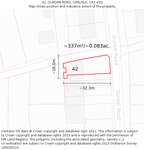 42, DURDAR ROAD, CARLISLE, CA2 4SQ: Plot and title map