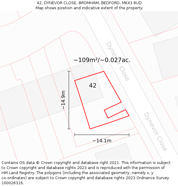 42, DYNEVOR CLOSE, BROMHAM, BEDFORD, MK43 8UD: Plot and title map