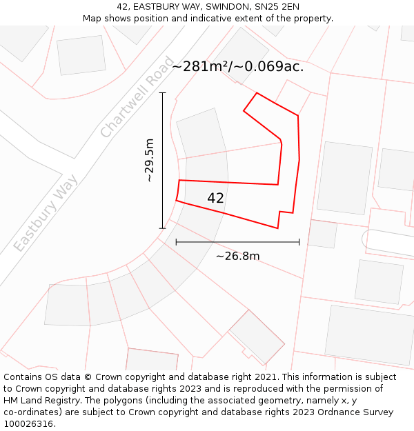 42, EASTBURY WAY, SWINDON, SN25 2EN: Plot and title map