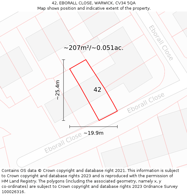 42, EBORALL CLOSE, WARWICK, CV34 5QA: Plot and title map