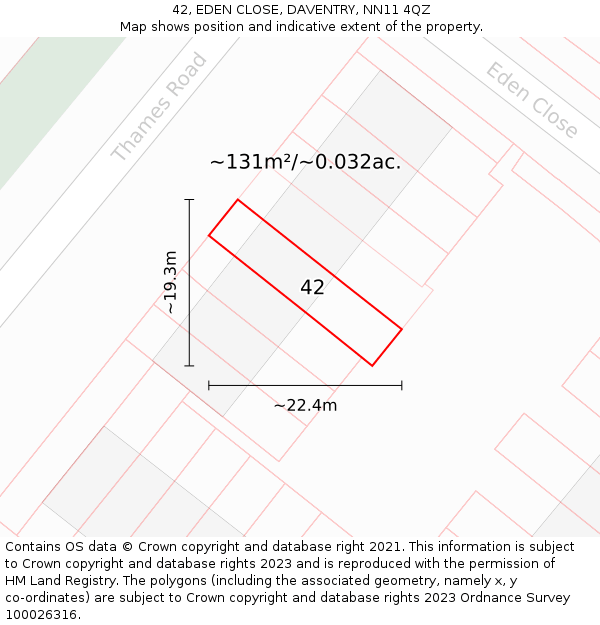 42, EDEN CLOSE, DAVENTRY, NN11 4QZ: Plot and title map