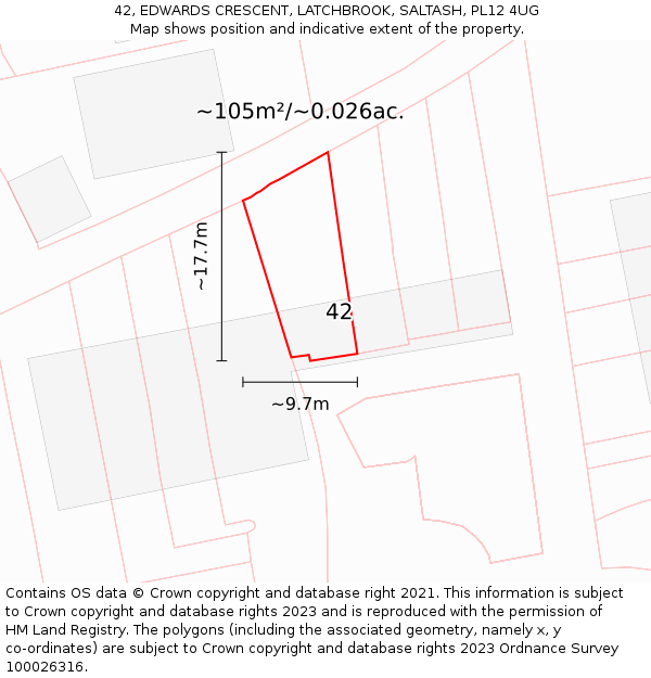 42, EDWARDS CRESCENT, LATCHBROOK, SALTASH, PL12 4UG: Plot and title map
