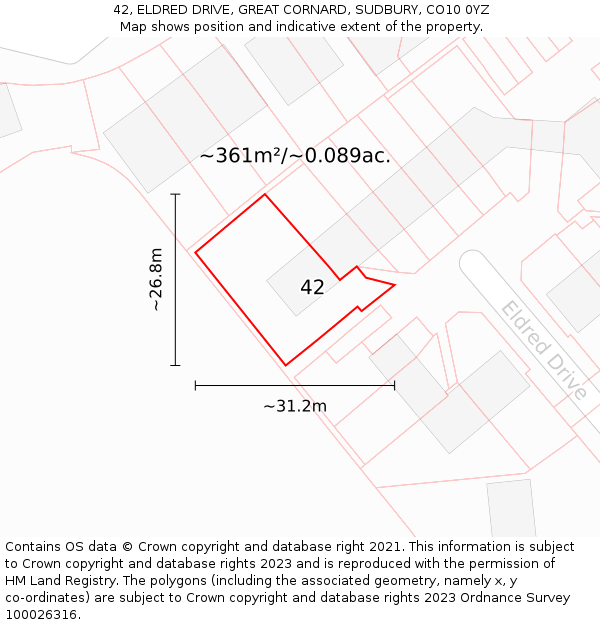 42, ELDRED DRIVE, GREAT CORNARD, SUDBURY, CO10 0YZ: Plot and title map
