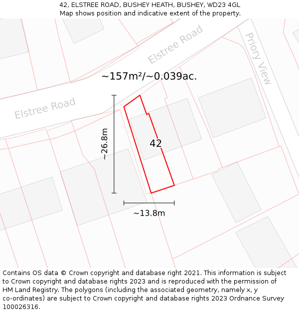 42, ELSTREE ROAD, BUSHEY HEATH, BUSHEY, WD23 4GL: Plot and title map