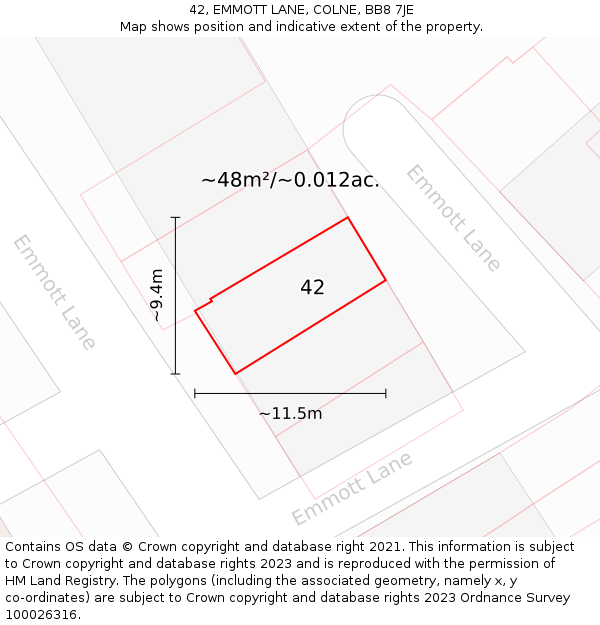 42, EMMOTT LANE, COLNE, BB8 7JE: Plot and title map