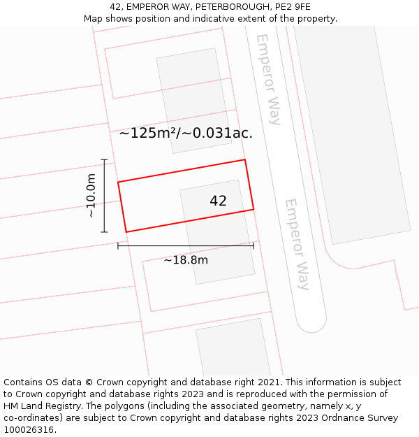 42, EMPEROR WAY, PETERBOROUGH, PE2 9FE: Plot and title map