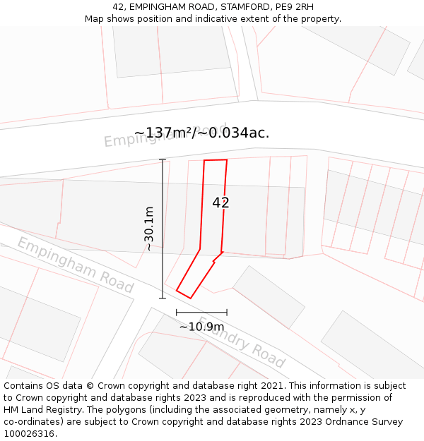 42, EMPINGHAM ROAD, STAMFORD, PE9 2RH: Plot and title map