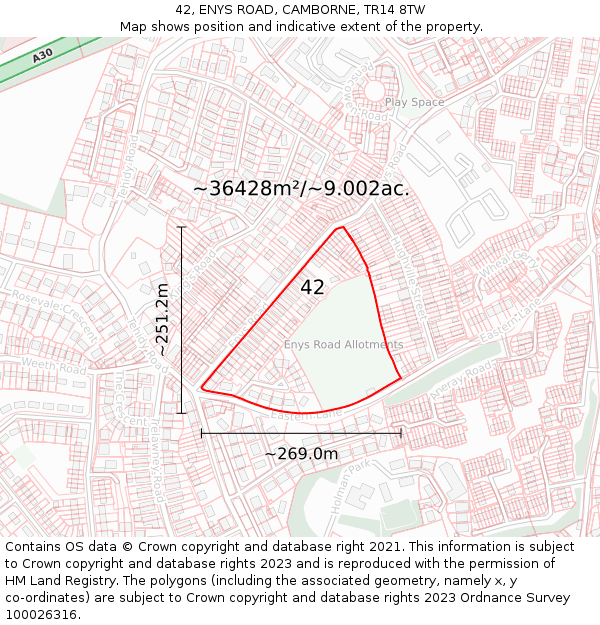 42, ENYS ROAD, CAMBORNE, TR14 8TW: Plot and title map