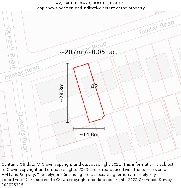 42, EXETER ROAD, BOOTLE, L20 7BL: Plot and title map